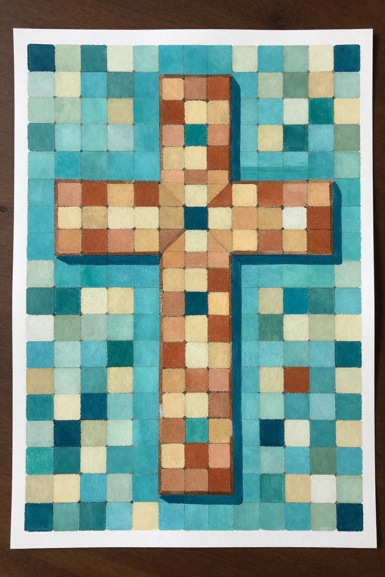Mosaic cross of brown, orange, and blue squares on a teal grid background.