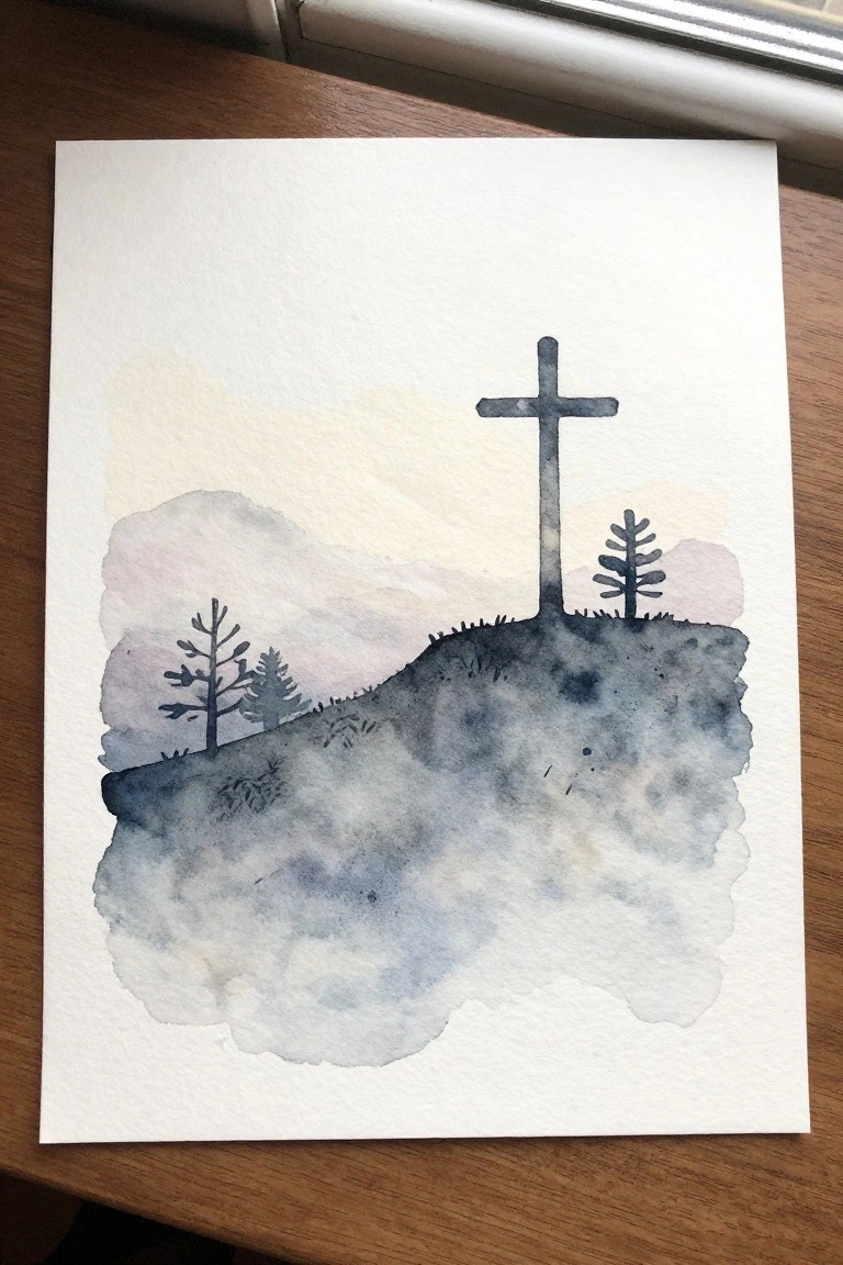 Watercolor landscape of cross on misty blue hill with pine trees and soft mountains