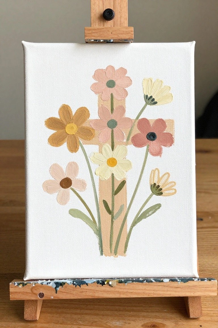 Pastel flowers surround a beige cross painted on canvas atop wooden easel.