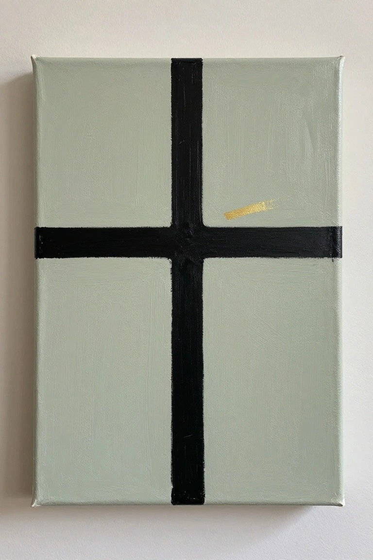Minimalist painting of black cross on sage green canvas with gold accent.