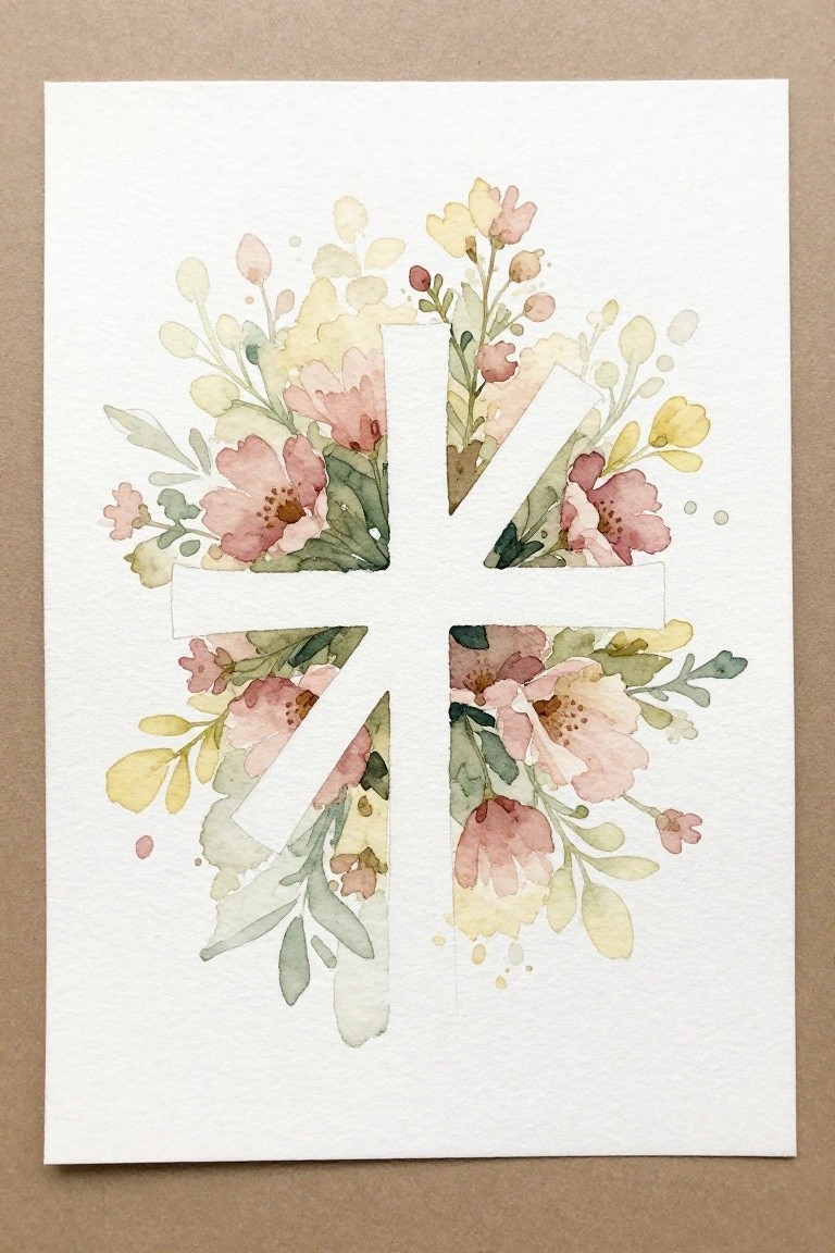 Watercolor white cross with pink yellow flowers and green leaves on paper