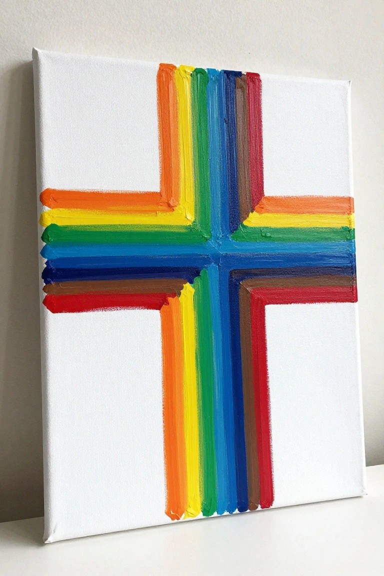 Rainbow cross formed by thick horizontal rainbow brushstrokes on white canvas.
