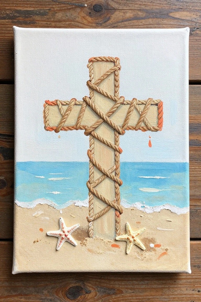 Rope-wrapped cross over beach and ocean painting with two starfish on sand.