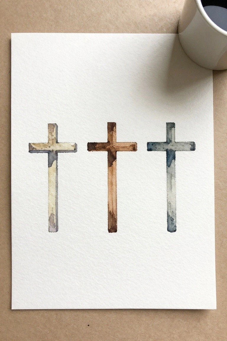 Three watercolor crosses in beige, brown, and blue on white paper beside a cup.