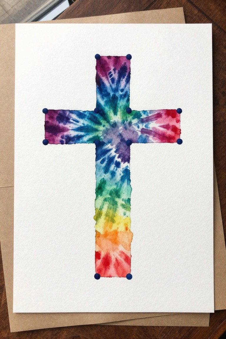Rainbow tie-dye watercolor cross with blue dots on white cardstock