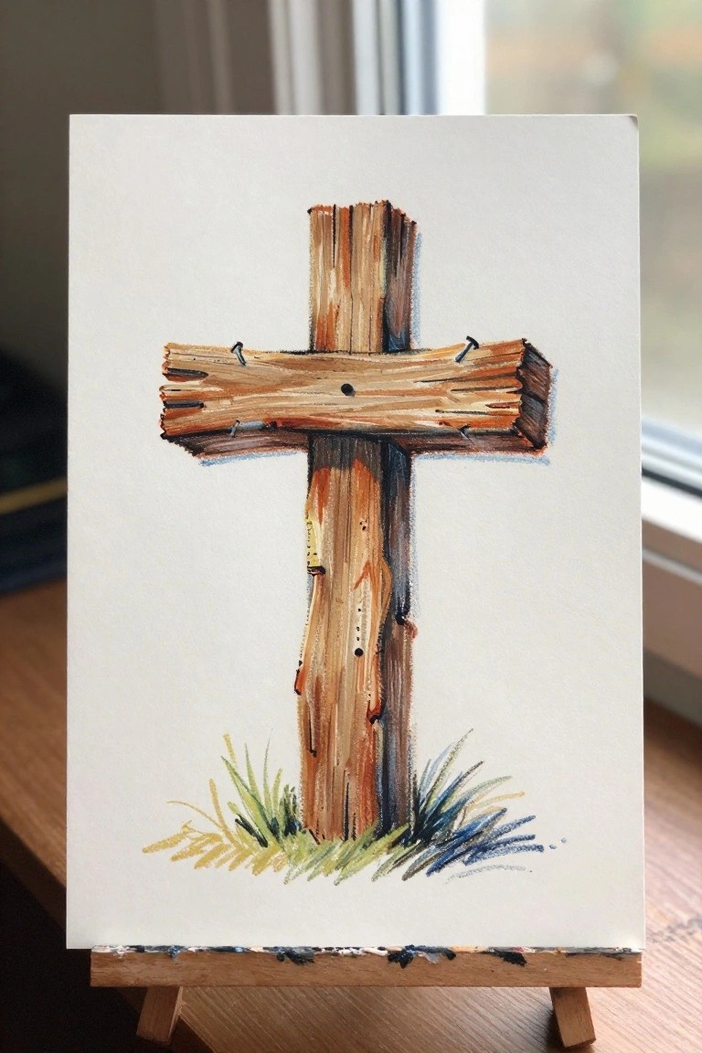 Watercolor painting of a weathered wooden cross with nails and grass on easel