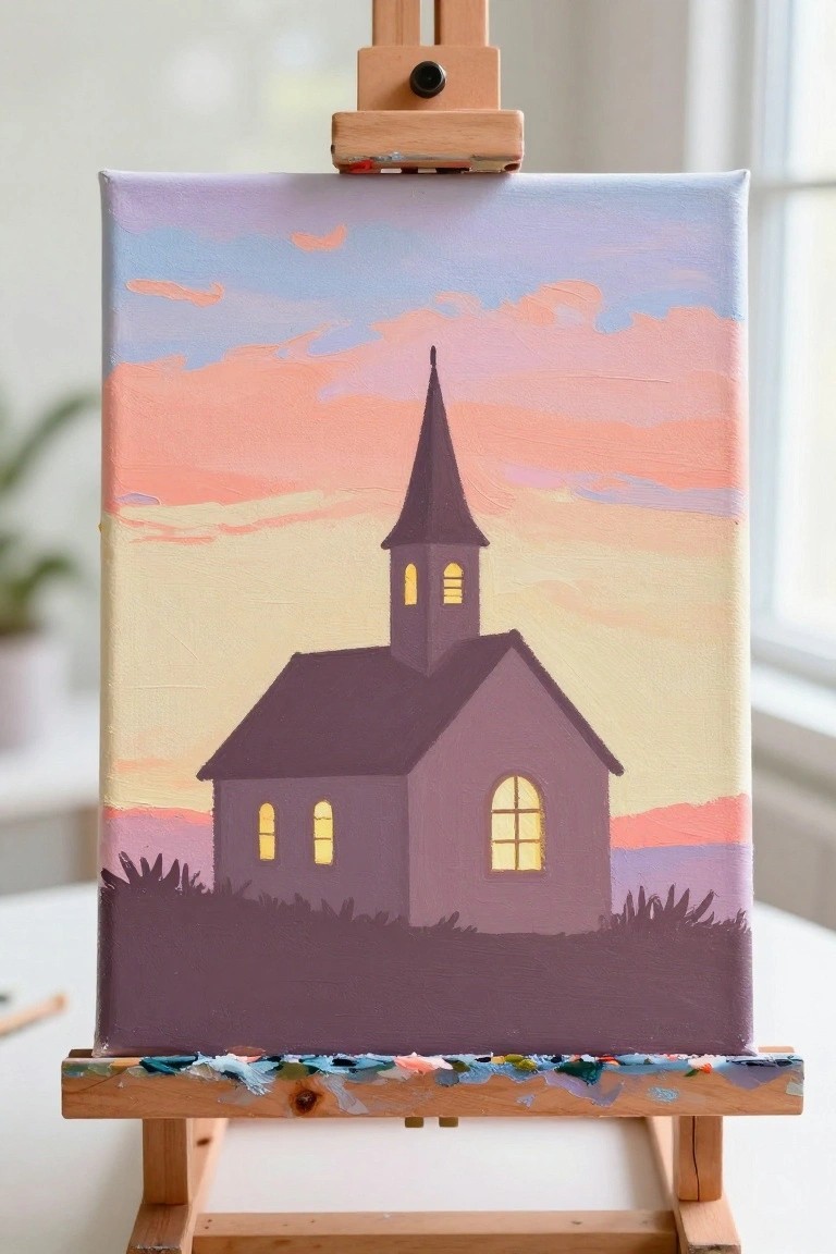Purple church with glowing windows under pastel sunset sky on wooden easel.