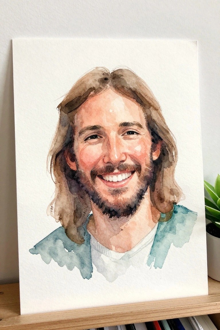 Watercolor portrait of smiling man with long brown hair, beard, and blue collar