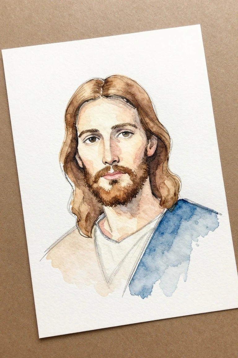 Watercolor portrait of Jesus with long brown hair, beard, white robe and blue sash