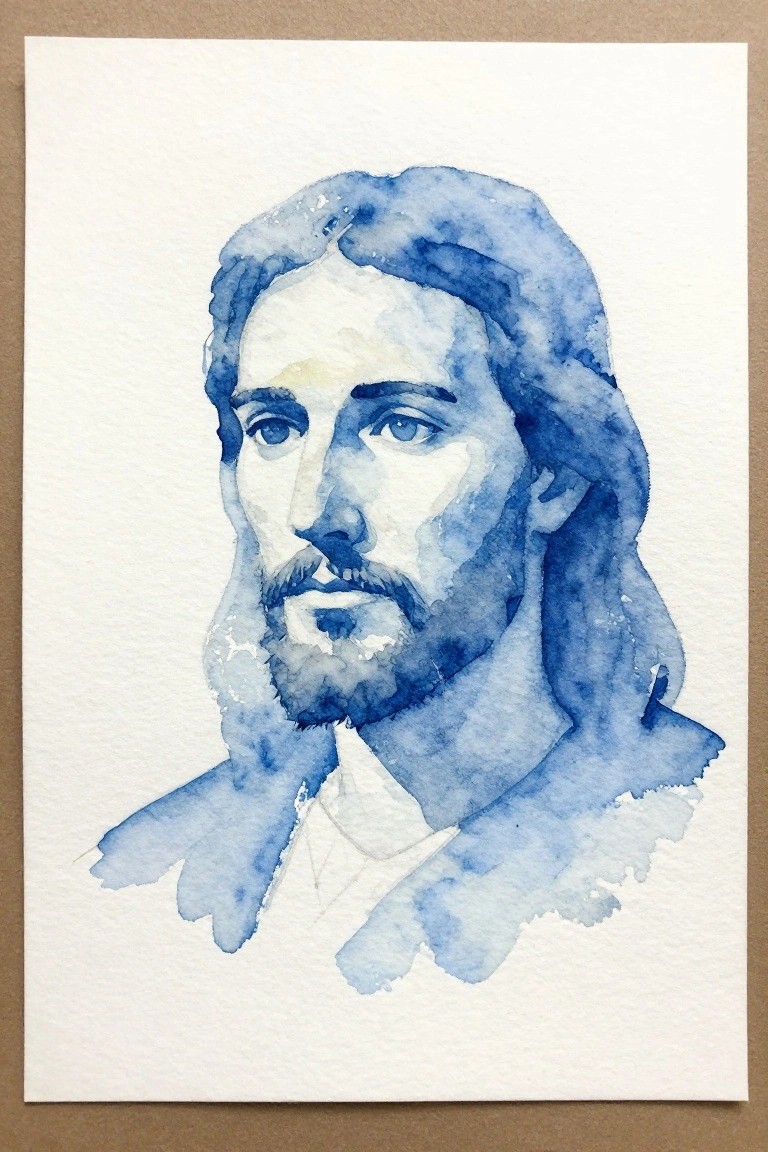 Blue watercolor portrait of Jesus with long hair, beard, and robe.