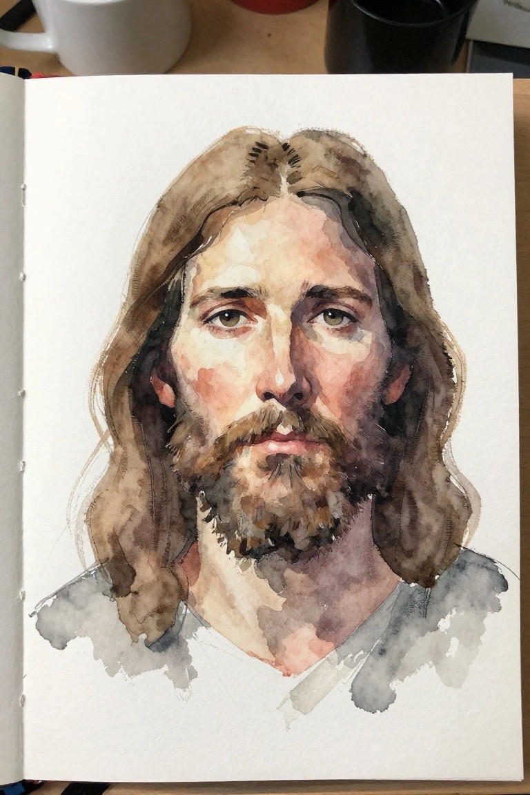 Watercolor portrait of long-haired bearded man on open sketchbook page with mugs nearby