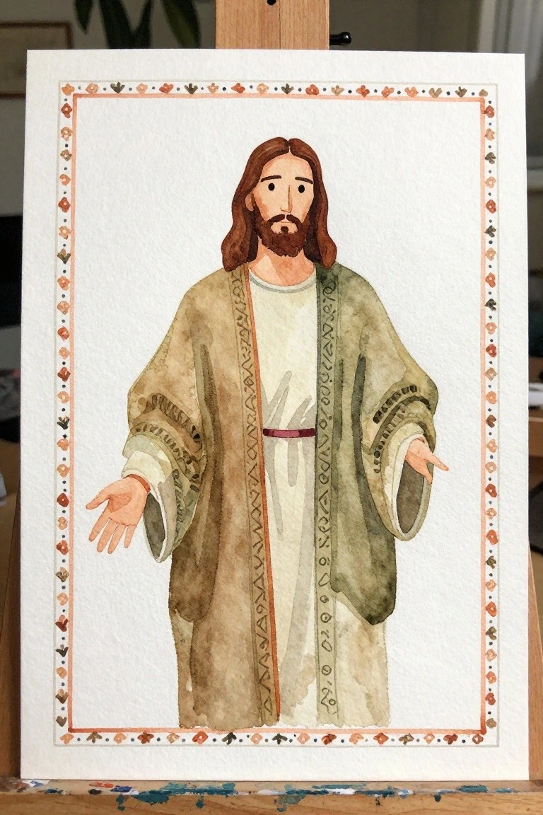 Jesus in white tunic and green robe with outstretched arms, watercolor with patterned border.