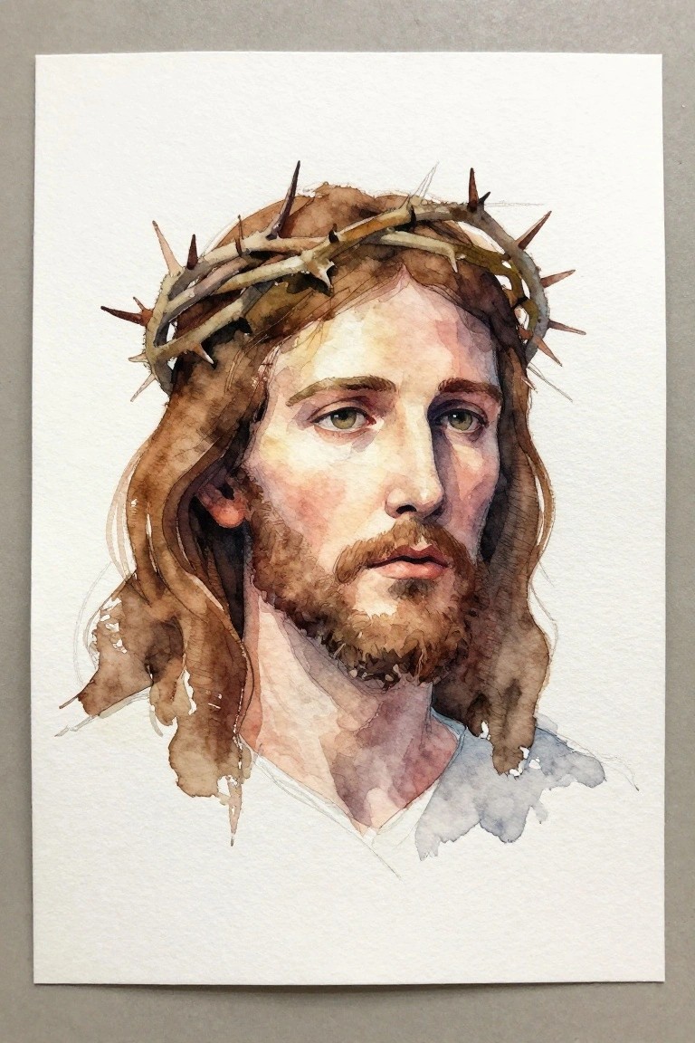 Watercolor portrait of Jesus with crown of thorns, long brown hair and beard.