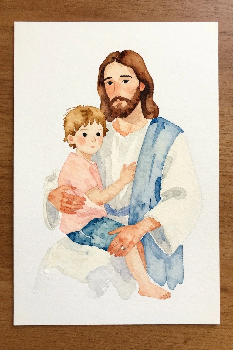 Watercolor of Jesus in white and blue robes holding a child in pink shirt and blue shorts