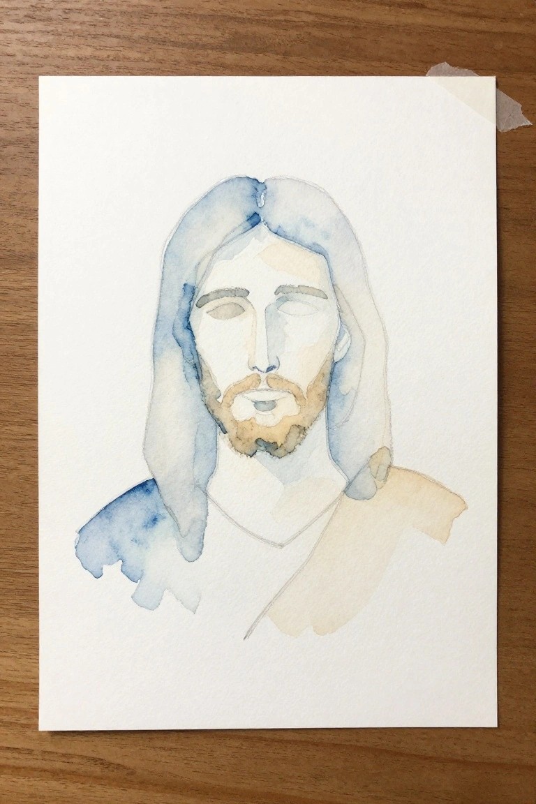 Watercolor portrait of Jesus with long blue hair and beard on taped paper over wood