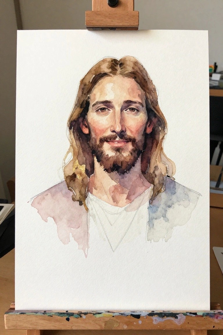Watercolor portrait of Jesus with long hair, beard, and white robe on wooden easel