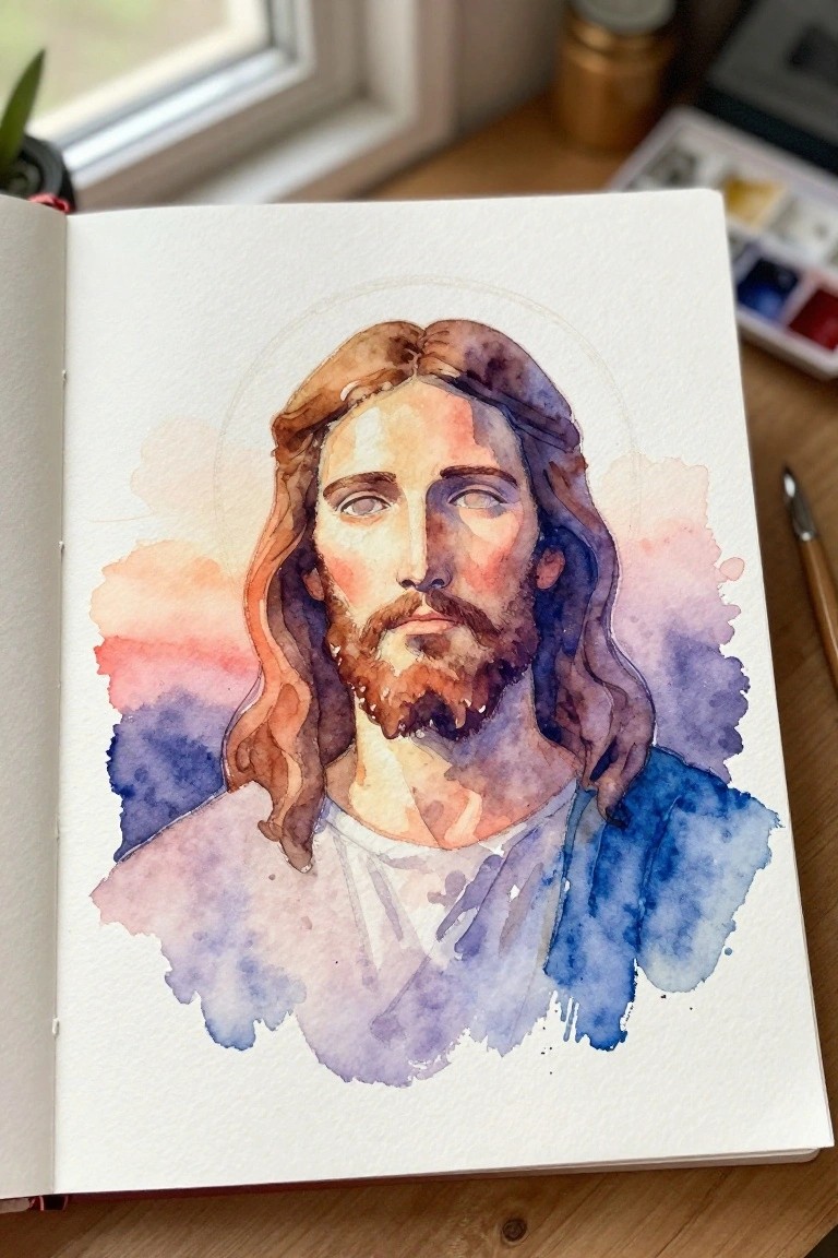 Watercolor portrait of Jesus with halo in open sketchbook, blue and purple splashes
