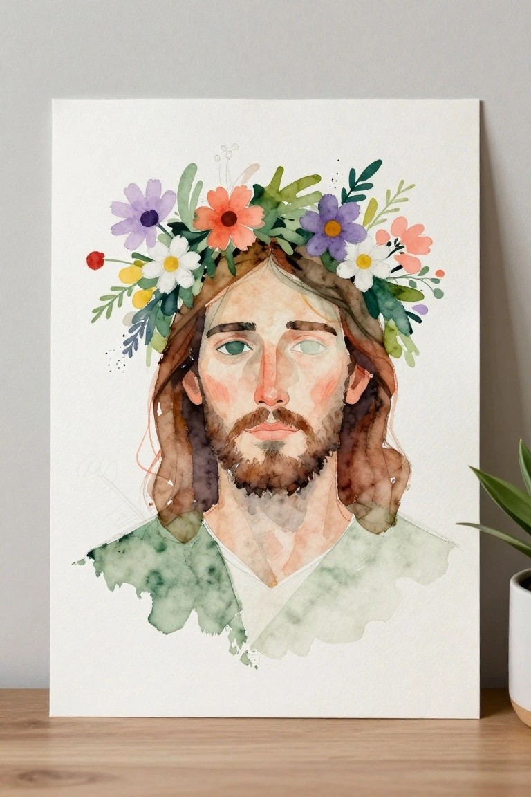 Watercolor portrait of Jesus with long hair, beard, and colorful floral crown.