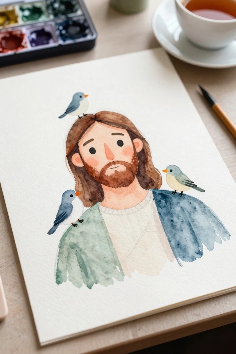 Watercolor of Jesus with three birds perched on head and shoulders, art supplies nearby