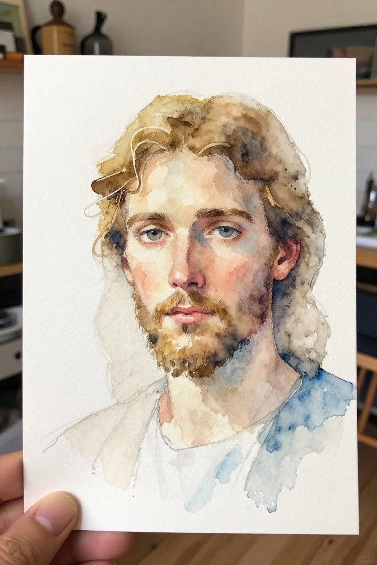 Watercolor portrait of bearded man with long wavy hair held by hand
