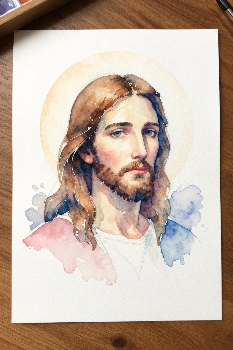 Watercolor portrait of Jesus with long brown hair, beard, blue eyes, and golden halo.