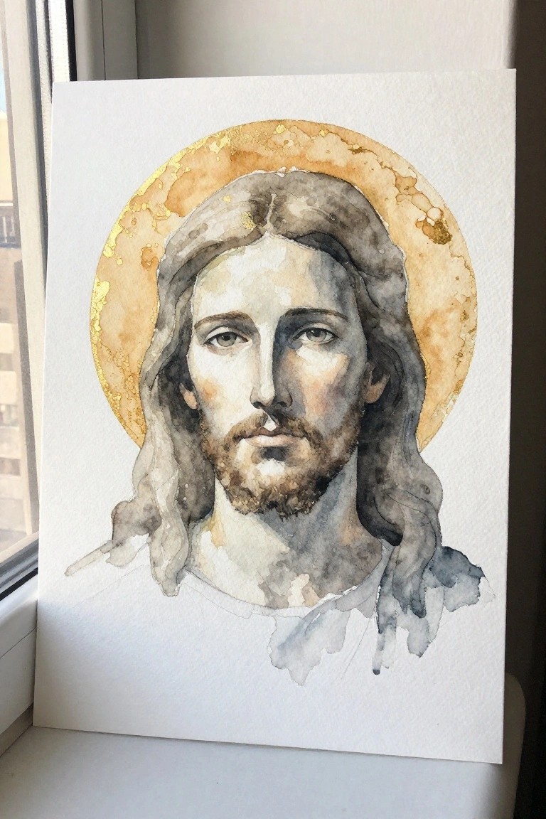 Watercolor portrait of Jesus with long hair, beard, white robe, and golden halo.