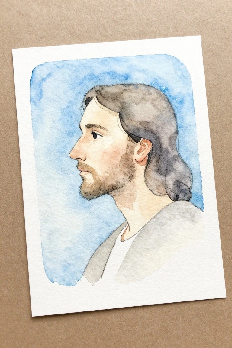 Watercolor painting of a bearded man with long hair in profile on blue background