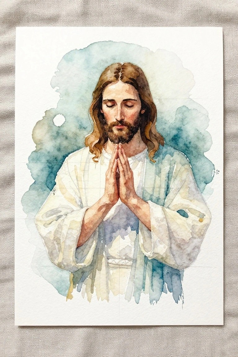 Watercolor of Jesus with long hair and beard, hands clasped in prayer, blue robes.
