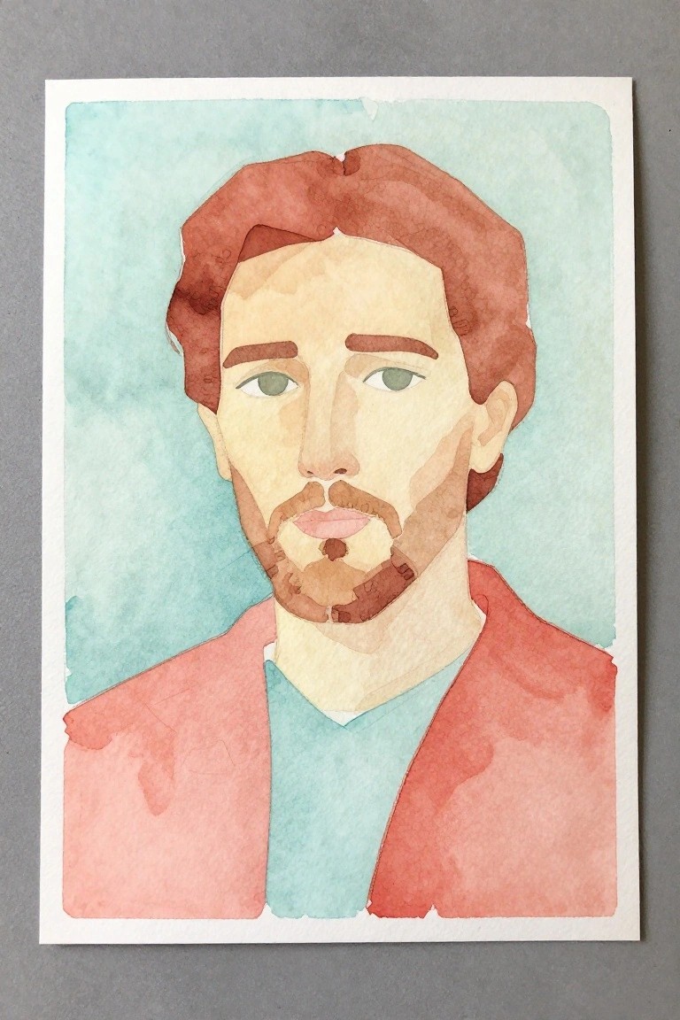 A watercolor painting of a man with reddish-brown hair and beard wearing a red garment over a teal shirt against a light blue-green background.