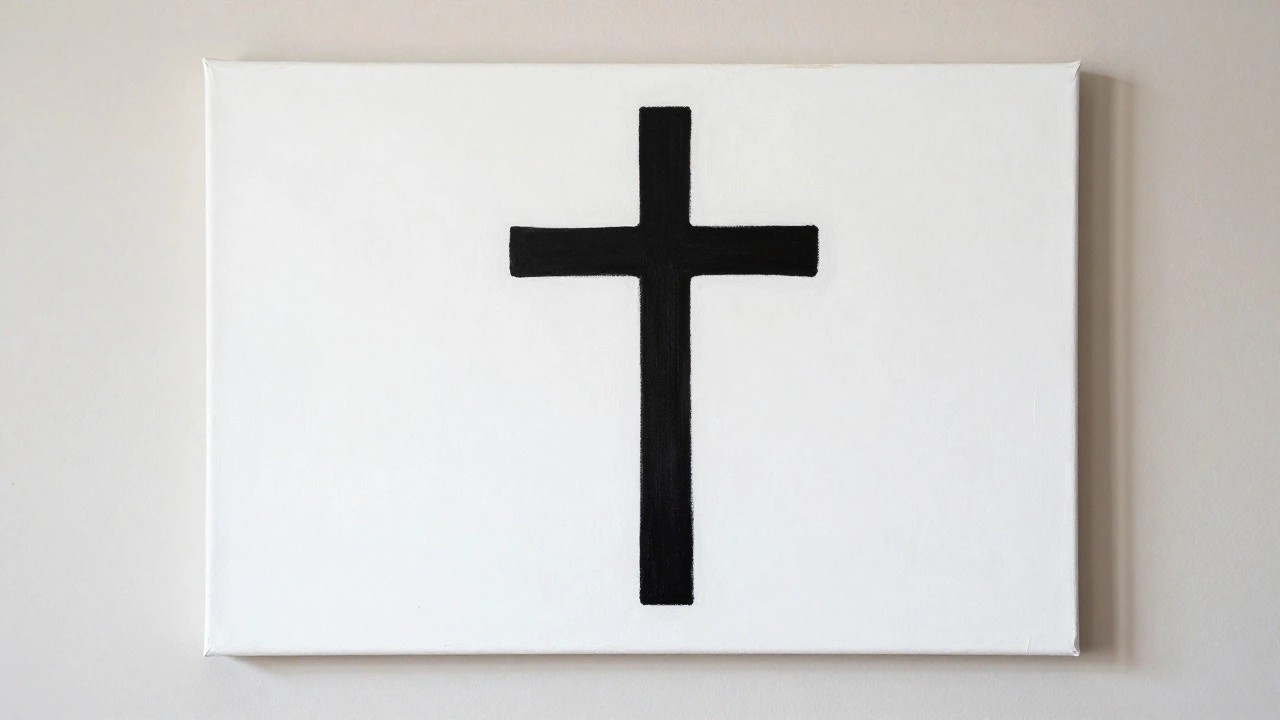 Black cross centered on white rectangular canvas mounted on light wall.
