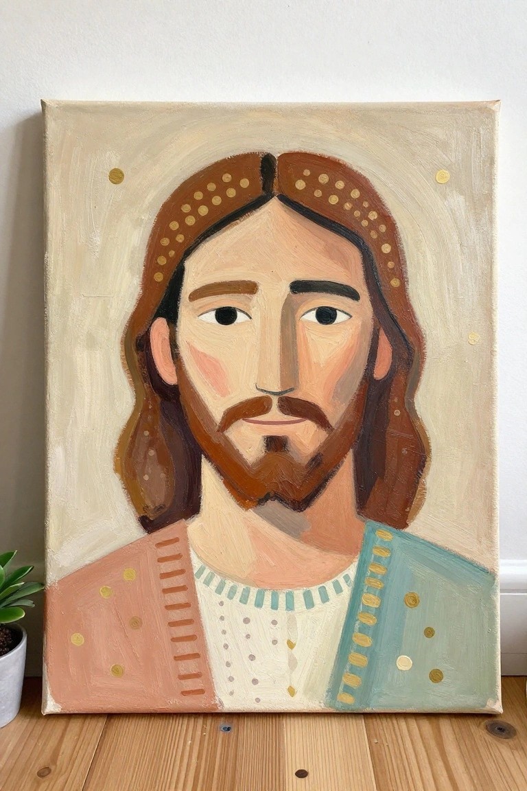 An oil painting of Jesus with long brown hair, a beard, dotted headband, and robes in peach and teal with gold dots against a light background.