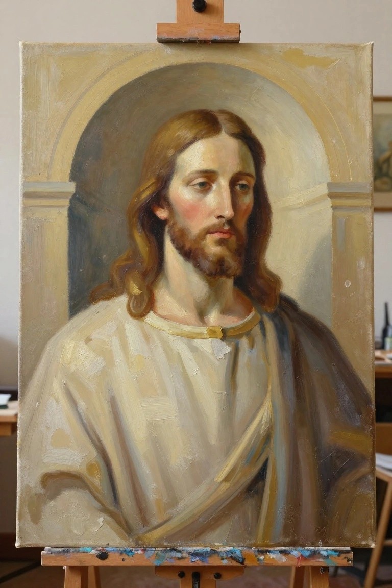 Classical oil painting of Jesus with long hair and beard on wooden easel