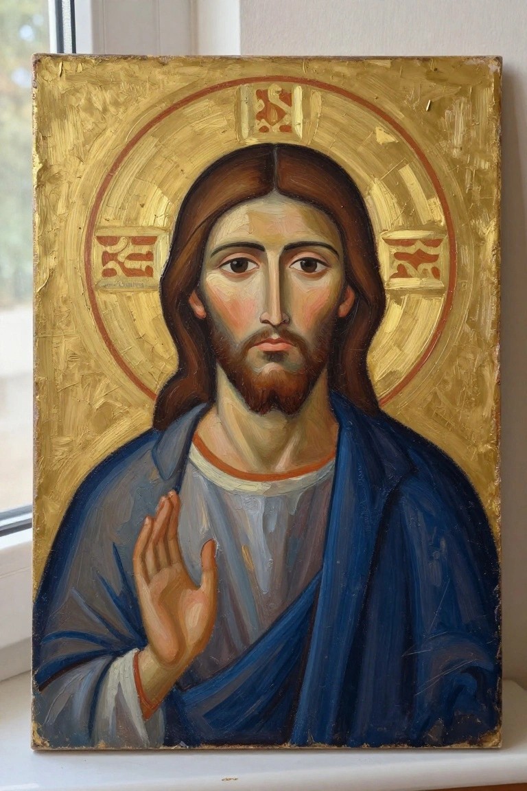 Byzantine-style Christ icon with golden halo, blue robe, and raised blessing hand.