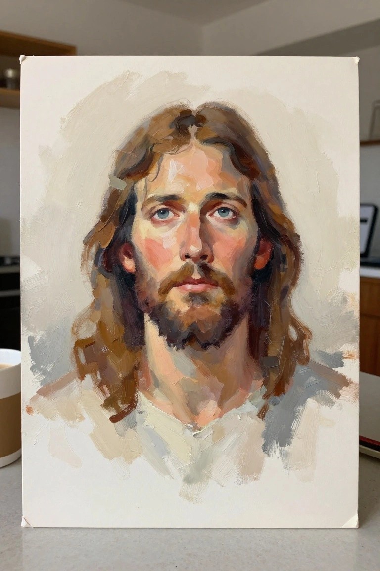 Expressive oil portrait of a bearded man with long brown hair, blue eyes, and white garment.