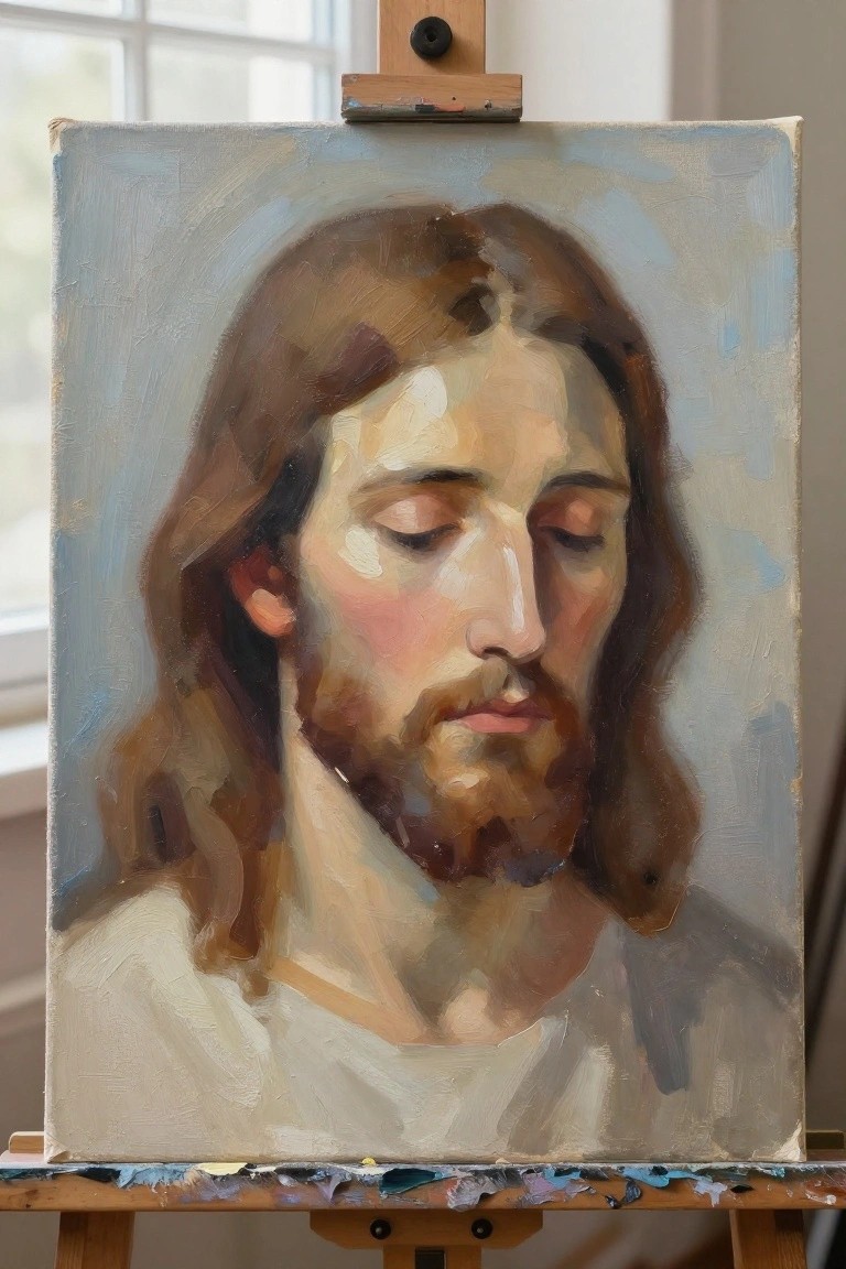 Oil painting of Jesus with long hair and beard on paint-stained wooden easel
