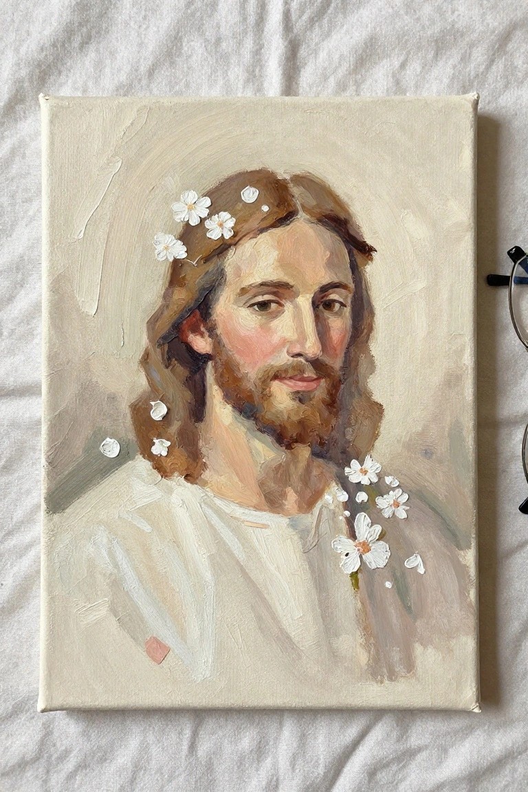 An oil painting of Jesus with long brown hair and beard in a white robe, white flowers scattered around the head and shoulder against a light neutral background with a faint halo.