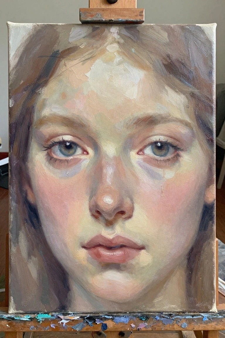 Oil painting of a young woman with blue eyes on a wooden easel.
