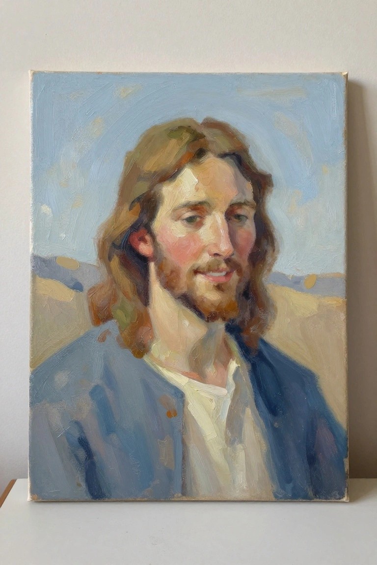 Oil painting of a man with long brown hair and beard wearing a blue jacket over a white shirt against a light blue background.
