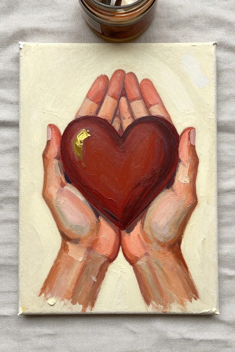 Two hands cupping a red heart with gold accent in oil painting on canvas