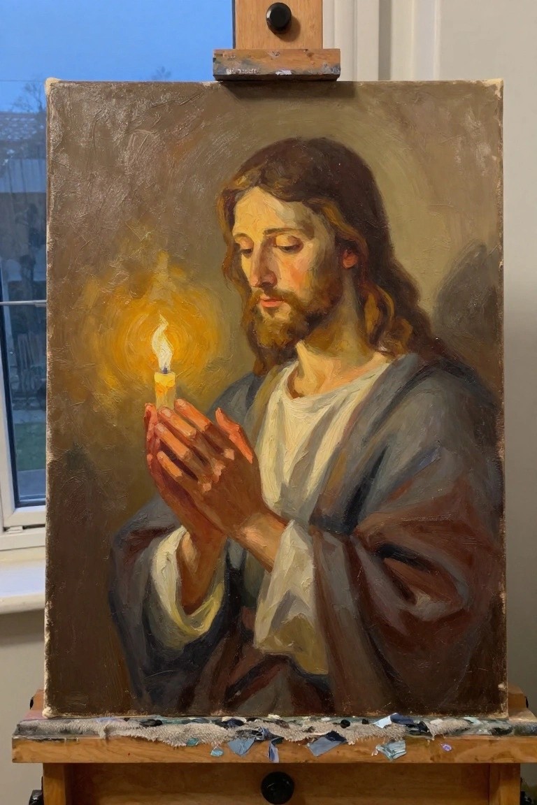 A realistic oil painting of Jesus with long brown hair and a beard, holding a lit candle with both hands against a dark background.