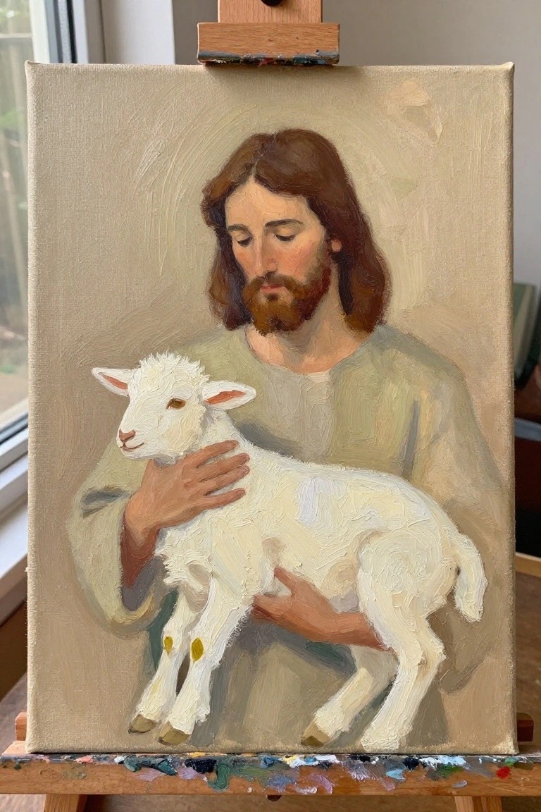 Oil painting of bearded man in green robe holding white lamb on wooden easel