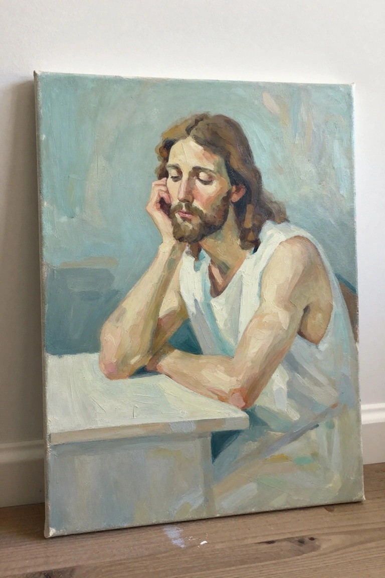 An oil painting of Jesus with long brown hair and a beard, wearing a white sleeveless garment, resting his head on one hand while leaning on a light surface against a soft blue background.