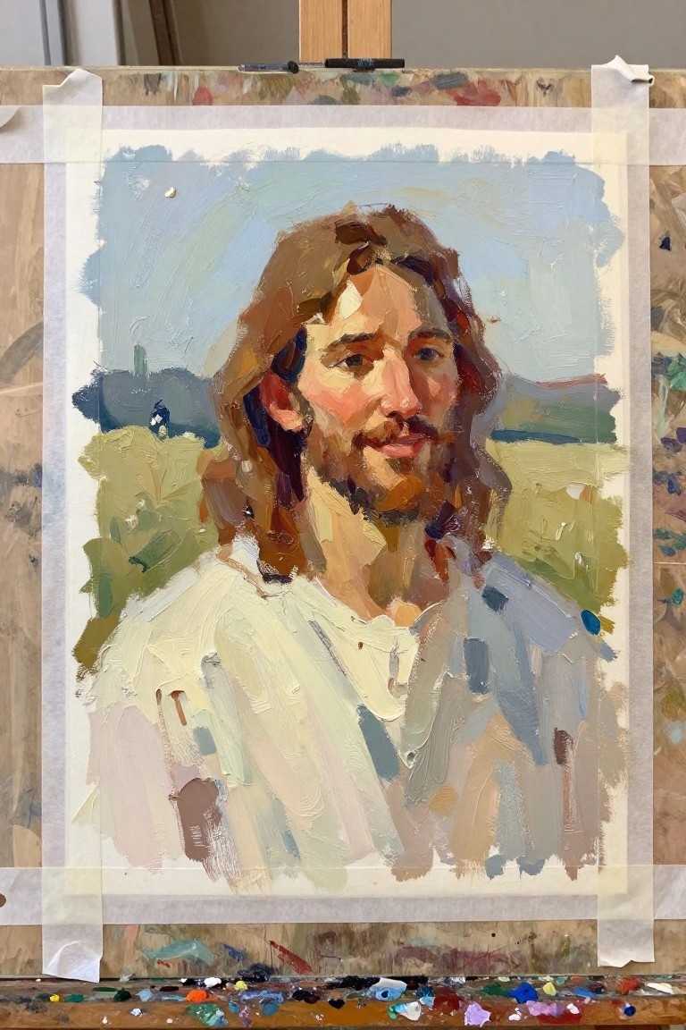 Impressionistic oil portrait of bearded man with long brown hair in white shirt on easel