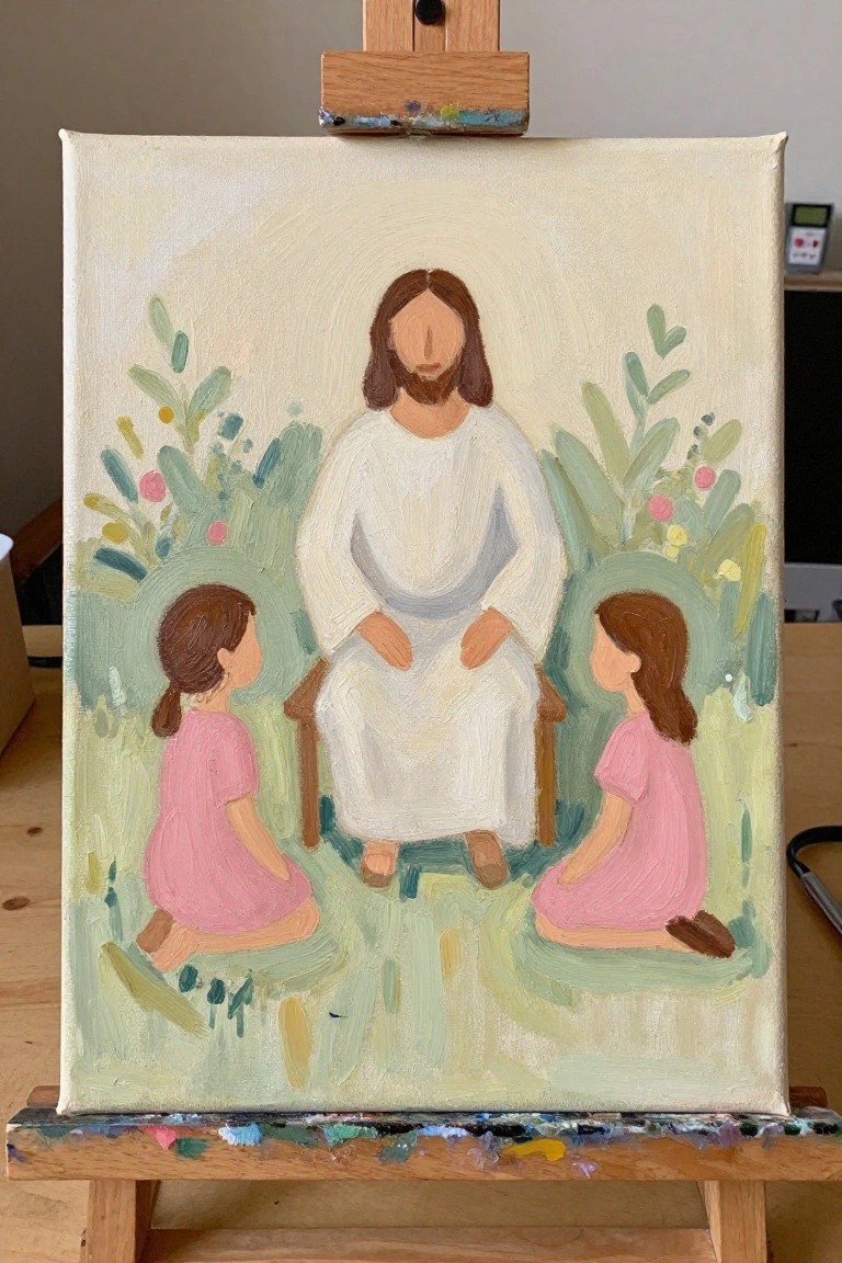Painting on easel shows Jesus in white robes with two kneeling girls in pink amid green plants.