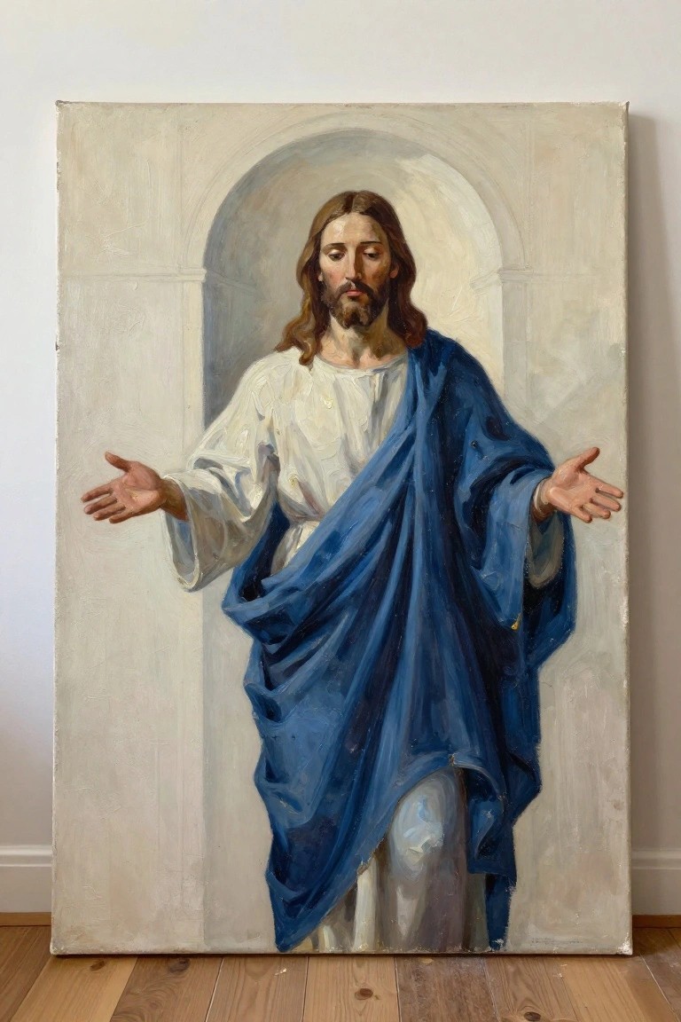 A realistic oil painting of Jesus with long brown hair and beard, wearing a white tunic and blue cloak, standing with arms outstretched in front of an arched background.