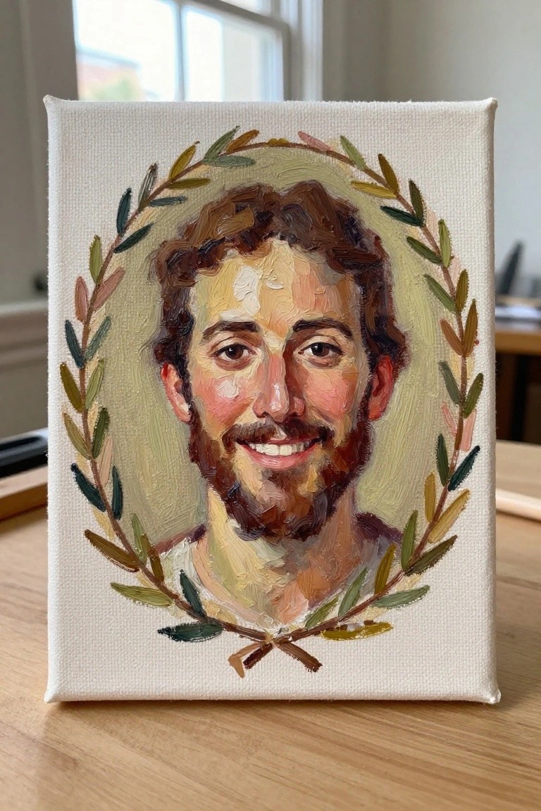 An oil painting on canvas shows a smiling bearded man with curly hair encircled by a laurel wreath.