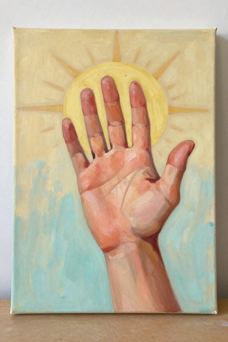 Oil painting of a hand reaching toward a glowing yellow sun with rays.