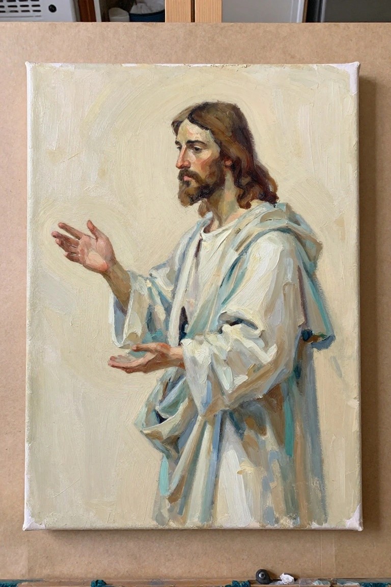 Oil painting of Jesus in white and blue robes with hands outstretched in profile