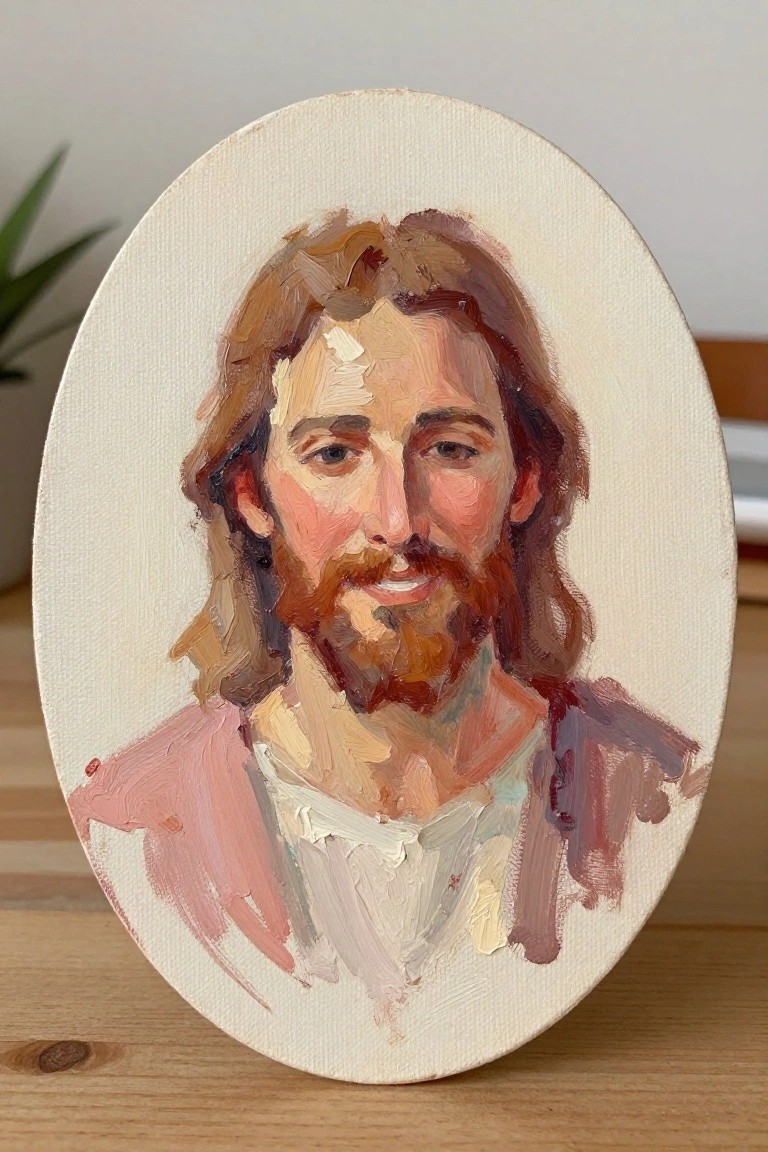 Oval oil painting of smiling Jesus with long brown hair, beard, and white robe.