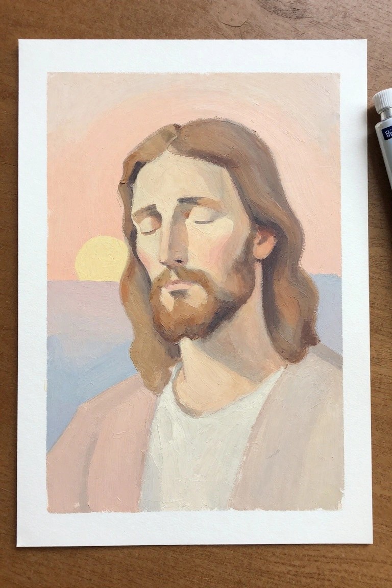 Oil painting of Jesus with closed eyes, long brown hair and beard against pink sunset.